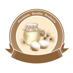 Vector vintage round label for farm or grocery with eggs, honey jar and text Premium Quality Products. Place for text. - 345965194