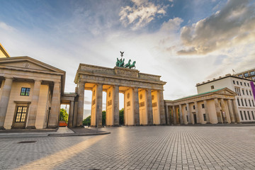 Fototapeta premium Berlin Germany, city skyline sunset at Brandenburg Gate (Brandenburger Tor) empty nobody