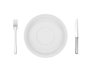 Empty dinner plate, fork and knife isolated on white, view from above. 3d render