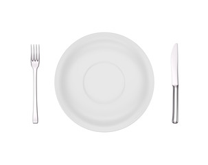 Empty dinner plate, fork and knife isolated on white, view from above. 3d render