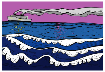 Image of a cruise ship with smoke from the pipes and waves with foam. Color vector illustration. It can be used in stores, supermarkets, boutiques, on sites, booklets, price tags, in the mailing list,