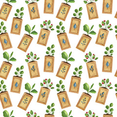 Watercolor seamless pattern with floral composition on the light background. Bright cartoon illustration of plants in the pots.