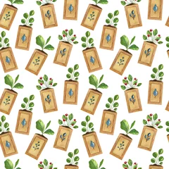 Tapeten Aquarell nahtlose Muster mit floraler Komposition auf dem hellen Hintergrund. Helle Karikaturillustration von Pflanzen in den Töpfen. © Victoria