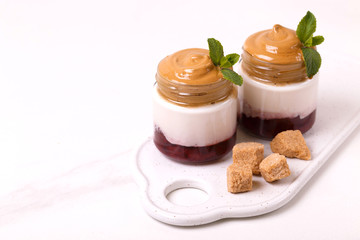 berry dalgona coffee desset with cherry, yogurt. trendy South Korean cold drink