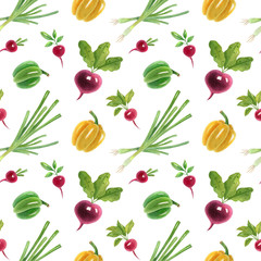 Watercolor seamless pattern with fresh vegetables on the light background. Bright cartoon illustration of radish, beetroot, bell pepper, and green onion.