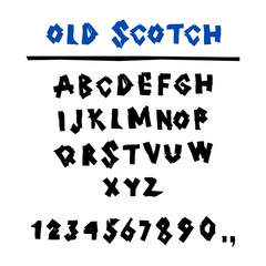 Decorative font "old scotch tape", square ragged letters. Color vector illustration. Can be used in social networks, for articles, publications, postcards, print, poster, sticker, on a T-shirt.