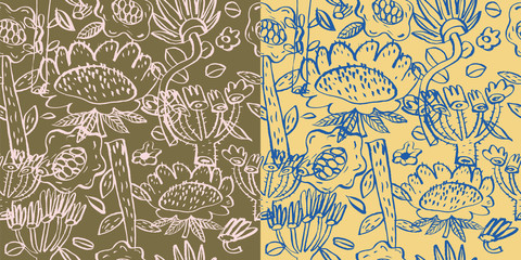 Pattern with painted flowers, in two colors, two options. Calligraphy. Color vector illustration. Can be used for wrapping paper, wallpaper, fabric, gift wrap, backgrounds.