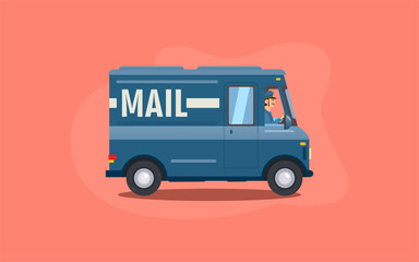 Blue flat cartoon mail or delivery van vehicle with driver or courier on pink background. Express post delivery truck concept. Vector illustration.