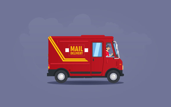 Red flat cartoon post or delivery van vehicle with driver or courier on purple background. Express mail delivery truck concept. Colors of english Royal Mail. Vector illustration.