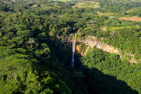 View of Chamarel falls in jungle of Mauritius island.  Picture taken from helicopter