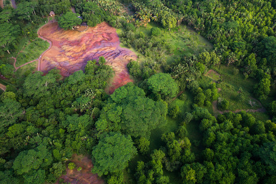 Aerial view of the seven coloured earths of Chamarel. Mauritius. Picture taken from helicopter