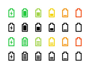 Full and low battery icon set. Simple horizontal charge indicator sign collection, accumulator logo isolated on white. Vector illustration for web, mobile app, ui design