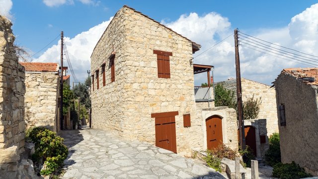 Streets and old houses in the traditional village Lofu. Limassol District, Cyprus.