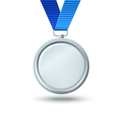 blank vector silver medal on a blue ribbon. template for about the award for the victory of the first achievement and quality, courage, victory day, may 9
