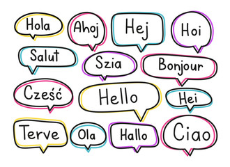Greeting phrases in different languages. Handwritten lettering illustration. Black vector text in neon speech bubbles. Simple outline style - obrazy, fototapety, plakaty