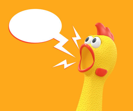 Screaming rubber chicken with speech bubble on orange background