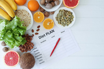 Healthy eating plan. Meal and diet planning. Top view, flat lay with copy space