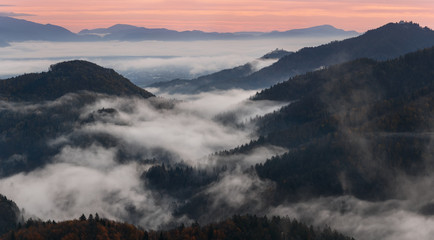 Slovenia, Somewhere Near Famous Place Jamnik. Magical Morning Misty Gradients. Fog Seeping Through The Trees And Hills.Foggy Mountain Autumn Landscape With Small Church On Top Of Mountain And Pink Sky - 345969163