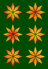 Six fleurs aux pétales de losanges aux couleurs rouge orange jaune sur fond vert