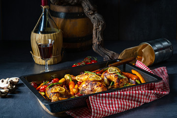 Grilled chicken legs with various vegetables and herbs.
