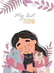 Girl hugging their pets. A girl with cats in her arms
