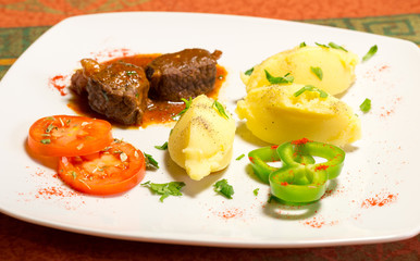 Veal Stew with Mashed Potatoes and Vegetables, top view zoom, Braga, Portugal.