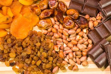 background of mixture of nuts and raisins, closeup. On wooden board