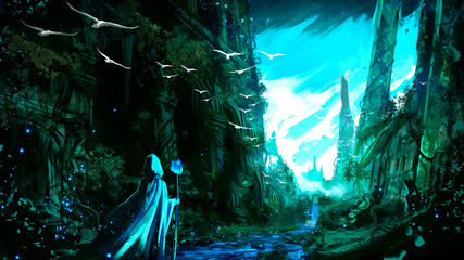 Obraz premium A beautiful landscape, with a beautiful turquoise sky and mild clouds illuminating the ruins of an ancient city braided by vegetation, is strange in the hood on the first lan. 2d illustration