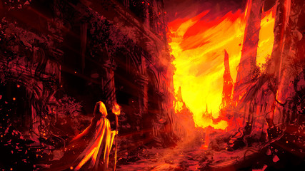 A beautiful landscape, with an incredibly bright fiery sunset, illuminating the ruins of an ancient city, on the first lan is strange in the hood, with a magic staff in hand. 2d illustration