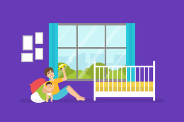 Father and His Little Son Playing Toy Car, Cheerful Dad Spending Good Time with His Child Vector Illustration