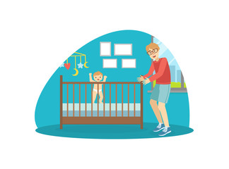 Cheerful Father Entertaining Baby in Cot, Cheerful Dad Spending Good Time with His Child Vector Illustration