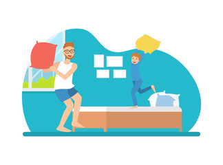 Obraz premium Dad and His Son Having Pillow Fight, Father and His Child Having Fun Together Vector Illustration