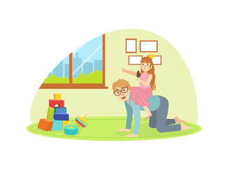 Cute Girl Riding on Fathers Back, Dad and His Daughter Having Fun Together Vector Illustration