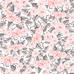 Fototapeta premium Hand drawn seamless pattern of pink blooming wildflowers, leaves and branches on a white background. Decorative watercolor illustration for design card, invitation, wallpaper, wrapping paper, fabric