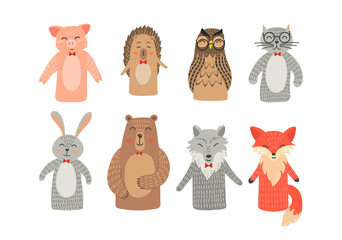 Fototapety  Puppet theatre. Hand toys animals set: pig, hare, fox, owl, rabbit, woolf and bear. 
