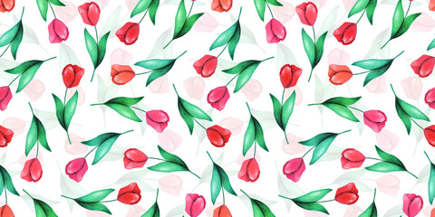 Hand drawn seamless pattern of blooming flowers, leaves and branches on white background. Red tulips. Decorative watercolor illustration for design card, invitation, wallpaper, wrapping paper, fabric