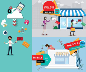 Flat design of business success concept,The business owner creating ads with good message for attraction the consumers - Vector