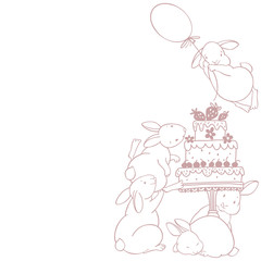Cartoon holiday background with adorable rabbits on white. Vector illustration with place for text. Can be greeting cards, invitations, flyers, element for design.
