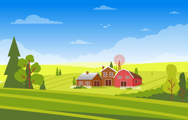 Agriculture Field Farm Rural Meadow Nature Scene Landscape Illustration