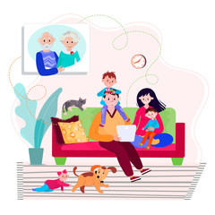 Happy husband, wife and kids call Elderly grandparents. Family stay home and have video conference. Online dialogue with grandma and grandpa using tablet. Distant connection Old couple and children.