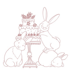 Cute rabbits with a cake on white. Cartoon holiday illustration. Vector. Can be greeting cards, invitations, flyers, element for design.