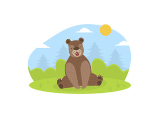 Obraz na płótnie Canvas Cute Brown Bear Wild Forest Animal on Summer Nature Landscape Vector illustration