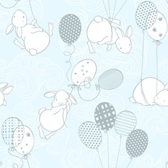 Schattige konijnen op ballonnen in de wolken. Naadloze vector patroon. Cartoon dierlijke achtergrond.