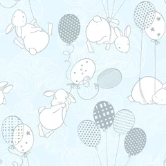 Tapeten Tiere mit Ballon Süße Kaninchen auf Ballons in den Wolken. Nahtloses Vektormuster. Cartoon-Tier-Hintergrund.