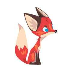 Obraz premium Cute Sitting Little Fox, Lovely Wild Blue Eyed Forest Animal Cartoon Character, Side View Vector Illustration