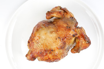 Whole roasted grilled chicken poultry bird on white background