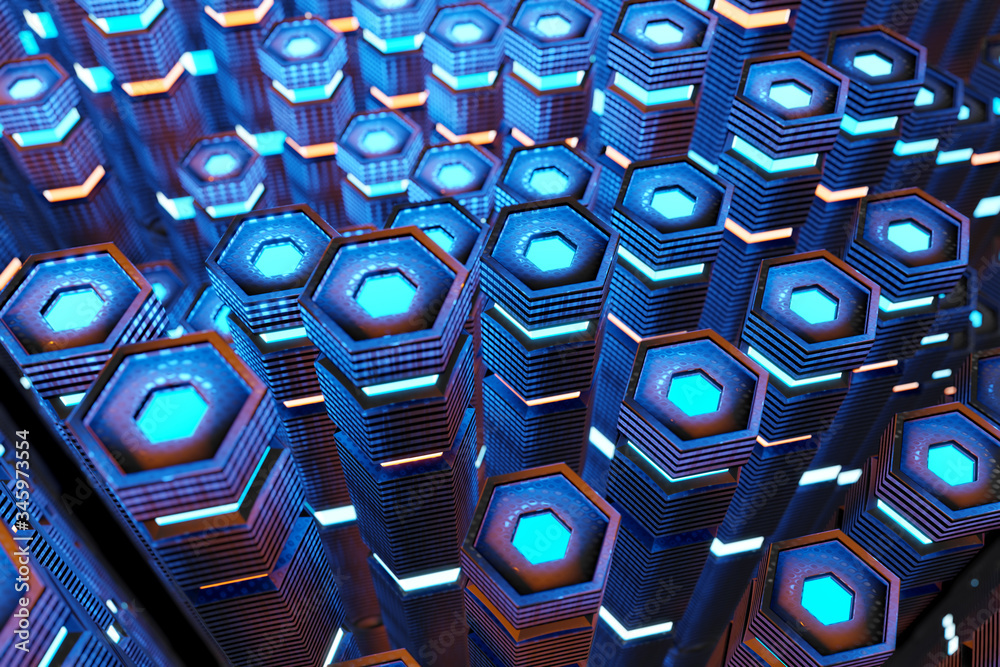 Poster metallic black blue and orange glowing hexagons moving pillars background 3d rendering