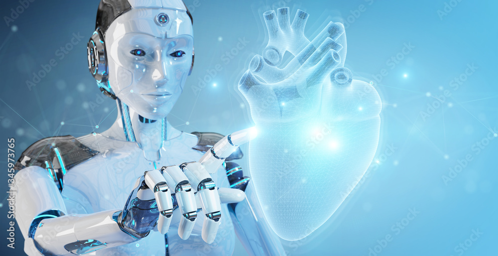 Poster Robot using digital x-ray of human heart holographic scan projection 3D rendering