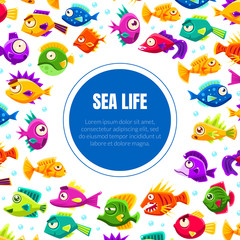 Fototapeta na wymiar Sea Life Banner Template with Cute Colorful Tropical Fishes Pattern and Space for Text Vector Illustration