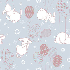 Cute rabbits with balloons on the starry sky. Seamless vector pattern. Cartoon animal background .